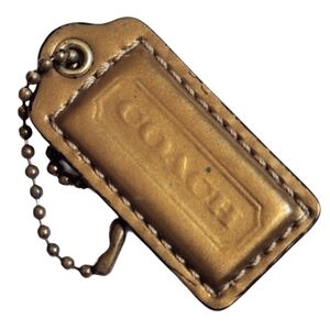 💛 2" Med Vintage Coach Metallic Venetian Gold Patent Leather Hangtag Fob Charm